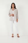 Lela Regular Fit Uzun Kollu Cepli Çizgili Kadın Gömlek 6772895 KAHVE