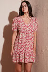 Lela Regular Fit V Yaka Balon Kol Desenli Mini Bayan Elbise 67810045 PEMBE