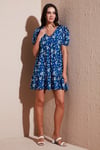 Lela Regular Fit V Yaka Balon Kol Desenli Mini Bayan Elbise 67810045 KOYU MAVİ