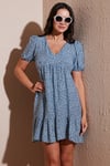 Lela Regular Fit V Yaka Balon Kol Desenli Mini Bayan Elbise 67810045 İNDİGO