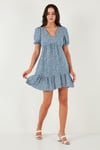 Lela Regular Fit V Yaka Balon Kol Desenli Mini Bayan Elbise 67810045 İNDİGO