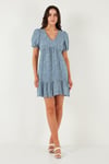 Lela Regular Fit V Yaka Balon Kol Desenli Mini Bayan Elbise 67810045 İNDİGO