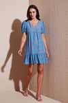 Lela Regular Fit V Yaka Balon Kol Desenli Mini Bayan Elbise 67810045 MAVİ