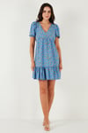 Lela Regular Fit V Yaka Balon Kol Desenli Mini Bayan Elbise 67810045 MAVİ