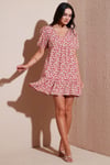 Lela Regular Fit V Yaka Balon Kol Desenli Mini Bayan Elbise 67810045 PEMBE