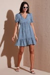 Lela Regular Fit V Yaka Balon Kol Desenli Mini Bayan Elbise 67810045 İNDİGO