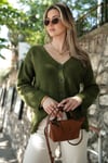 Lela Regular Fit V Yaka Düğmeli Triko Bayan Hırka 4616229 HAKİ