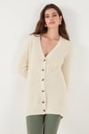 Lela Regular Fit V Yaka Düğmeli Triko Örme Uzun Bayan Hırka 4615044 TAŞ