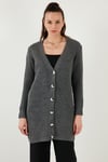 Lela Regular Fit V Yaka Düğmeli Triko Örme Uzun Bayan Hırka 4615044 KOYU GRİ