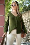 Lela Regular Fit V Yaka Düğmeli Triko Bayan Hırka 4616229 HAKİ