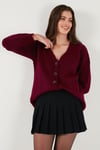 Lela Regular Fit V Yaka Düğmeli Triko Bayan Hırka 4616229 BORDO