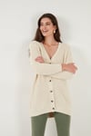 Lela Regular Fit V Yaka Düğmeli Triko Örme Uzun Bayan Hırka 4615044 TAŞ