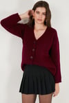 Lela Regular Fit V Yaka Düğmeli Triko Bayan Hırka 4616229 BORDO