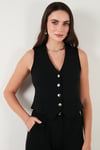 Lela Regular Fit Yüksek Bel Bol Paça V Yaka Yelekli Bayan Takım 5866199 SİYAH