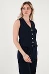 Lela Regular Fit Yüksek Bel Bol Paça V Yaka Yelekli Bayan Takım 5866199 LACİVERT