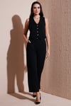 Lela Regular Fit Yüksek Bel Bol Paça V Yaka Yelekli Bayan Takım 5866199 SİYAH