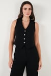Lela Regular Fit Yüksek Bel Bol Paça V Yaka Yelekli Bayan Takım 5866199 SİYAH
