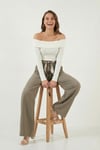 Lela Regular Fit Yüksek Bel Düz Paça Fular Kemerli Kadın Pantolon 6923860 HAKİ