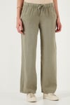 Lela Relaxed Fit Normal Bel Geniş Paça Çİft Cepli Keten Bayan Pantolon 668YP4991 HAKİ