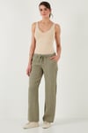 Lela Relaxed Fit Normal Bel Geniş Paça Çİft Cepli Keten Bayan Pantolon 668YP4991 HAKİ