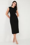 Lela Slim Fit Bisiklet Yaka Bağlama Detaylı Midi Bayan Elbise 5866164 SİYAH