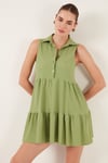 Lela Slim Fit Gömlek Yaka Bürümcük Mini Bayan Elbise 5865599 YAĞ YEŞİLİ