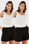 Lela Slim Fit Kalın Dantelli Kare Yaka Bürümcük 2'li Paket Bayan Atlet 5864979S2 EKRU-EKRU