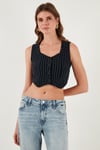 Lela Slim Fit Kalp Yaka Düğmeli Kalın Askılı Crop Kadın Yelek 5865497 LACİVERT ÇİZGİLİ