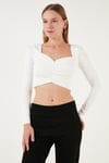 Lela Slim Fit Kalp Yaka Önü Büzgülü Crop Bayan Bluz 5865401 BEYAZ