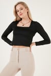 Lela Slim Fit Kare Yaka Crop Bayan Bluz 5865403 SİYAH
