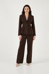 Lela Slim Fit Kruvaze Yaka Pileli Bele Oturan Bayan Takım 6928884 KAHVE
