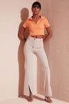 Lela Slim Fit Polo V Yaka Crop Bayan Bluz 5865035 AÇIK ORANJ