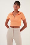Lela Slim Fit Polo V Yaka Crop Bayan Bluz 5865035 AÇIK ORANJ