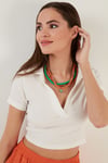Lela Slim Fit Polo V Yaka Crop Bayan Bluz 5865035 EKRU