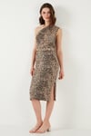 Lela Slim Fit Tek Omuzlu Yırtmaçlı Bağlama Detaylı Midi Bayan Elbise 5866272 LEOPAR