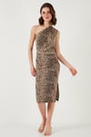 Lela Slim Fit Tek Omuzlu Yırtmaçlı Bağlama Detaylı Midi Bayan Elbise 5866272 LEOPAR