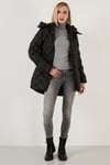 Lela Slim Fit Yakası Suni Kürklü Çıkarılabilir Kapüşonlu Uzun Bayan Mont 5760082 SİYAH