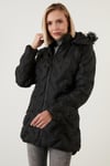 Lela Slim Fit Yakası Suni Kürklü Çıkarılabilir Kapüşonlu Uzun Bayan Mont 5760082 SİYAH