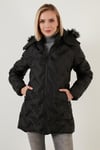 Lela Slim Fit Yakası Suni Kürklü Çıkarılabilir Kapüşonlu Uzun Bayan Mont 5760082 SİYAH