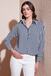 Lela Standart Fit Klasik Yaka Çizgili Bayan Gömlek 6772894 LACİVERT