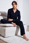 Lela Streç Regular Fit Apaş Yaka Beli Lastikli Bayan Pijama Takımı 65720501 LACİVERT