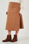 Lela Streç Regular Fit Yüksek Bel Midi Boy Süet Çan Bayan Etek 5866180 VİZON