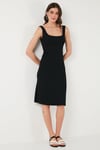 Lela Streç Slim Fit Kare Yaka Kalın Askılı Midi Boy Kadın Elbise 5866102 SİYAH