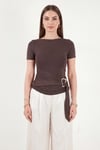 Lela Toka Detaylı Fitted Fit Kayık Yaka Kadın Bluz 5862707 KAHVE