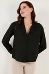 Lela V Yaka Çift Cepli Regular Fit Dokuma Bayan Gömlek 611GO00016 SİYAH