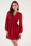 Lela V Yaka Regular Fit Gipeli Düğme Detaylı Şifon Mini Abiye Bayan Elbise 611EL01433 KIRMIZI