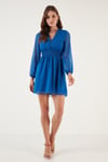 Lela V Yaka Regular Fit Gipeli Düğme Detaylı Şifon Mini Abiye Bayan Elbise 611EL01433 MAVİ