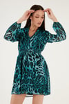 Lela V Yaka Regular Fit Gipeli Düğme Detaylı Şifon Mini Abiye Bayan Elbise 611EL01433 Mavi-Siyah