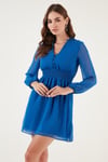 Lela V Yaka Regular Fit Gipeli Düğme Detaylı Şifon Mini Abiye Bayan Elbise 611EL01433 MAVİ