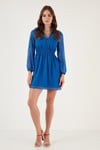 Lela V Yaka Regular Fit Gipeli Düğme Detaylı Şifon Mini Abiye Bayan Elbise 611EL01433 MAVİ